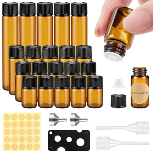 MELLIEX 20 Pièces Flacon Huile Essentielle Vide, Amber Flacon Verre pour Huiles Essentielles, Mini Bouteilles en Verre avec Réducteurs d'Orifice pour Spa Massage