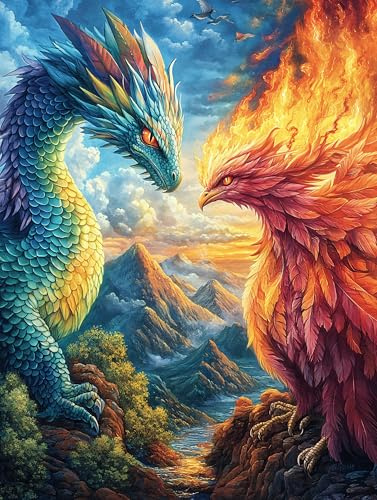 Dragon And Phoenix in Flames 300 Piece Jigsaw Puzzle for Adults Mitos Fantástico Cuento De Hadas Date Night Activity Couple Bonding Beautiful Design Ideal Anniversary Present 300 PCS