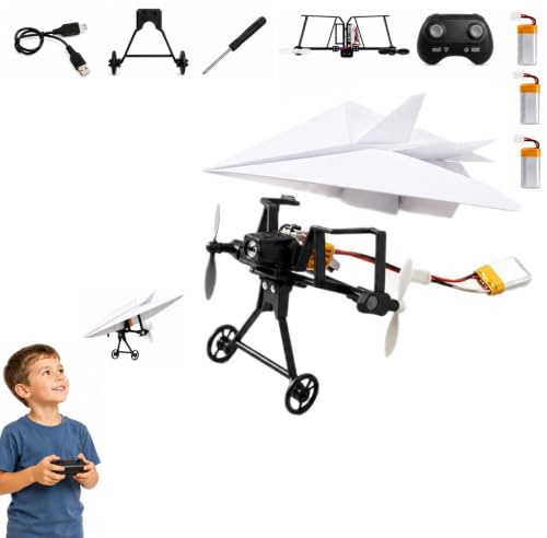 Ten Treasure Rc Paper Airplane Kit with Gyro Stabilizer, DIY Electric Remote Control Plane, Dual Propellers Rc Plane Kit, Lightweight Foldable Electric Remote Control Paper Plane (Three Electrics)