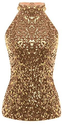 iiniim Damen Tank Tops Rollkragen Ärmellos Weste Pailletten T-Shirt Sommer Top Unterhemd Unterwäsche A Gold Einheitsgröße