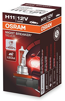 Osram Night Breaker Silver H11, +100% mehr Helligkeit, Halogen-Scheinwerferlampe, 64211NBS, 12V Pkw, Faltschachtel (1 Lampe)