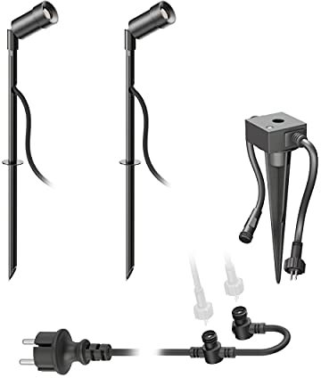 ledscom.de LED Gartenstrahler Spico schwarz mit Erdspieß und Dämmerungssensor für außen IP44 je 105lm warm-weiß 2er Set