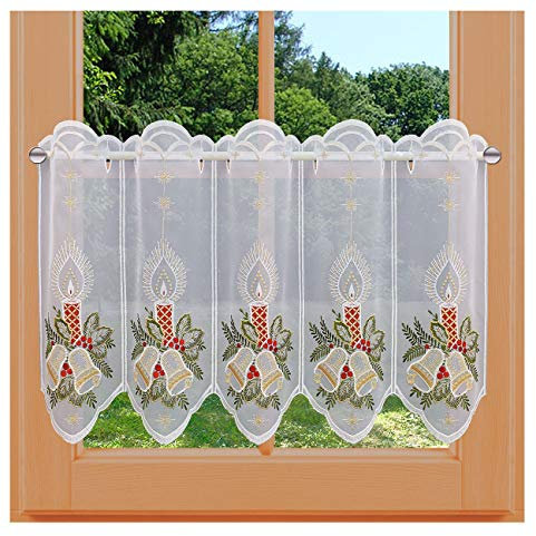 kollektion MT Weihnachts-Scheibengardine Advent Kerzen mit Glocken Landhaus-Spitzengardine aus Vogtländischer Spitze 45 cm Höhe