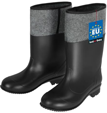 KOTARBAU® Botas de agua con fieltro, Talla 42 EU, Unisex, Botas de goma, Impermeables, Botas de lluvia, Negro + Gris, Zapatos de trabajo, de campo, Fuerte agarre de suela