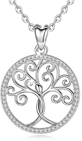 Halskette mit Anhänger Sterling-Silber 925 Zirkonia Baum des Lebens keltischer klarer Stein 45,7 cm Silberkette & Schmuck-Geschenkbox Damen Yggdrasil Crann Bethadh Geschenk mit Silberkette