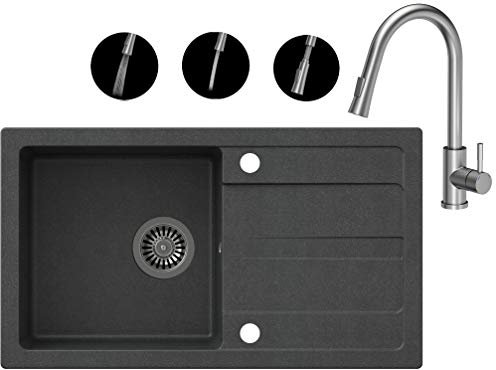 VBChome Spülbecken mit Armatur Schwarz 77 x 43,5 cm Granit Einzelbecken Einbauspüle Abtroffläche gesprenkelt reversibel Auslauf Ausziehbar 2 Leistungsstufen + Siphon Spülmittelspender