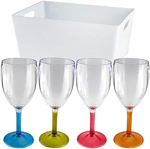 4x Weinglas 290ml bunter Boden mit Aufbewahrungsbox Acryl - Weingläser für Camping Küche - Trinkkelch Goblet elegantes Design - Outdoor Partyglas Bruchfest Kunststoff Glas unzerbrechlich Trinkglas