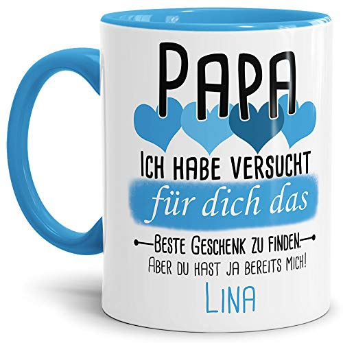 Tassendruck Geschenk Tasse mit Spruch PERSONALISIERT - Bestes Geschenk für Papa von Kind - Kaffee-Tasse/Geschenkidee Geburtstag Vatertag/Vatertagsgeschenk - Innen & Henkel Hellblau