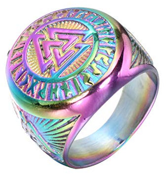 HIJONES Herren Valknut Nordischer Wikinger Odin Symbol Ring aus Edelstahl Krieger Motorradfahrer Signierter Ringe Regenbogen Größe 54