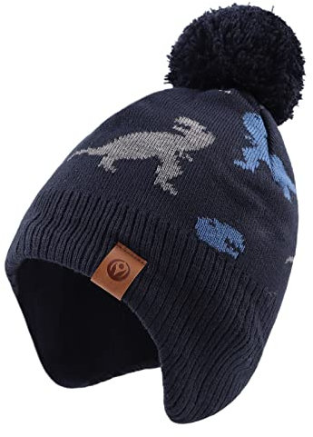 XIAOHAWANG Gestrickte Babymütze, Winter, warme Mütze mit Fleecefutter für Jungen, Mädchen, mit Bommel, 4-7 Jahre