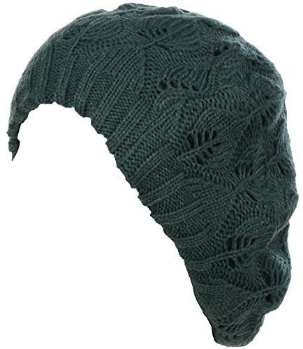 BYOS Damen Baskenmütze, mittelschwer, lässig, mit Blättern, Cutout, gehäkelt, weich, gestrickt - Grün - Einheitsgröße