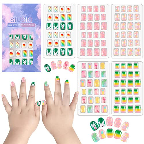 SIUSIO 120 Stück 5er-Pack Kunstnägel aus Acryl für Kinder zum Aufdrücken, süßer Vorkleber, kurz, für Kinder, zum Aufkleben, falsche Nagelkunst-Sets für Kinder, kleine Mädchen – bunter Sommer