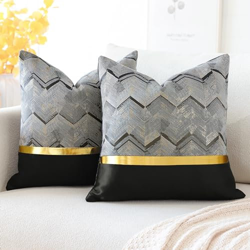 Artscope 2er Set Kissenbezug für Sofa Auto Schlafzimmer Luxuriöser Moderne Minimalist Goldenen Ledernähten Wellenstreifen Dekokissen Kissenhülle Kissen Fall 60x60cm (Schwarz)