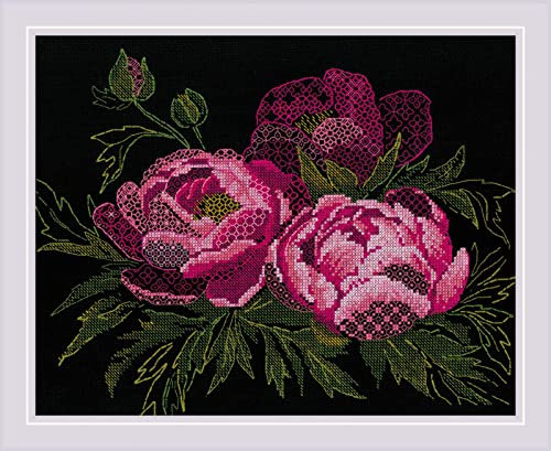 Riolis Blackwork Stickset Spitze Pfingstrosen, Zählmuster, 30x24cm