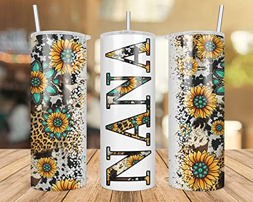 Nana Sonnenblume Türkis Edelstein und Leopard – Nana Skinny Tumbler Rindsleder Distressed Tumbler – Western Tumbler 590 ml Skinny Tumbler – Nana Geschenk