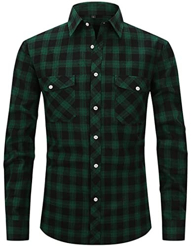 PADOLA Flanelle Chemise Homme Chemises Manches Longues à Carreaux Surchemise Bûcheron Automne Hiver Chaud Veste Haut avec Poche Chemise de Travail (M, 1 Verte)