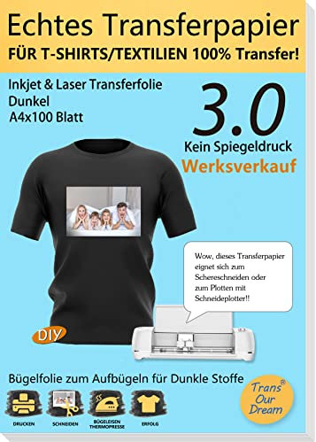 TransOurDream 100 Blatt+10 Silikonpapier,A4,Echte Inkjet/Laser Transferfolie,Bügelfolie für Dunkle Textilien,T-Shirt Papier für dunkle T-Shirts,Textilienfolien,transfer paper