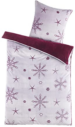 BaSaTex Plüsch Winter Bettwäsche Flausch Bettgarnitur Laserdruck Schneeflocke Cashmere Touch | 135x200 cm + 80x80 cm | Farbe Bordeaux Rot