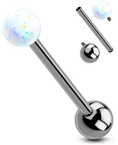 OUFER Body Piercing 14G Titan Zunge Ring Barbell Weiß Opal Zungen Piercing Schmuck für Frauen Männer Nippelpiercing Tongue Piercings Jewellery