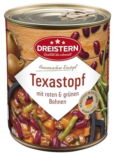 DREISTERN Texastopf 800g I Mit Bohnen & Fleischwurst I Herzhafter Eintopf in recyclebarer Konservendose I Lange Haltbarkeit dank natürlicher Konservierung I Hausmacher Qualität