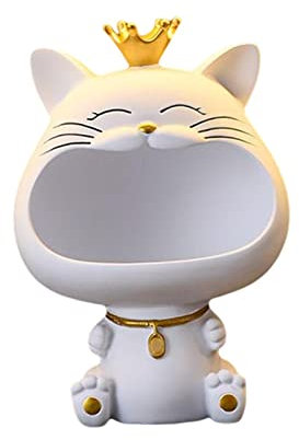 Baoblaze Lachende Katze Figuren Statue, Fortune Cat Skulptur, Kätzchen Schlüssel Schale, Großer Mund Katze Aufbewahrungsbox, Katze Figur Schmuck Tablett für Schlafzimmer Büro Home Decor Ornament