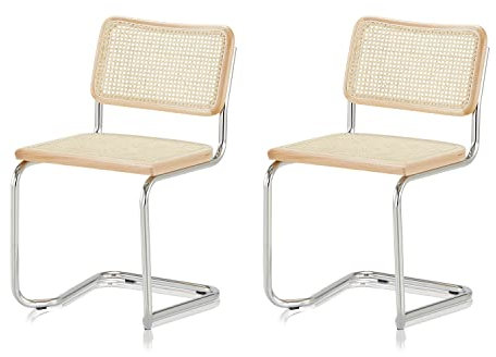 KHG 2er Set Schwingstühle Freischwinger chrom - Rückenlehne und Sitzfläche aus Massivholz Buche und Rattan - Esszimmerstuhl, Küchenstuhl Design Stuhl mit Wiener Geflecht