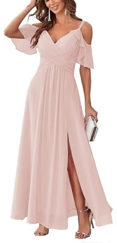 Damen Schulterfrei Brautjungfernkleider lang Chiffon plissiert formelle Abendkleider A Linie Spaghetti-träger Ballkleider