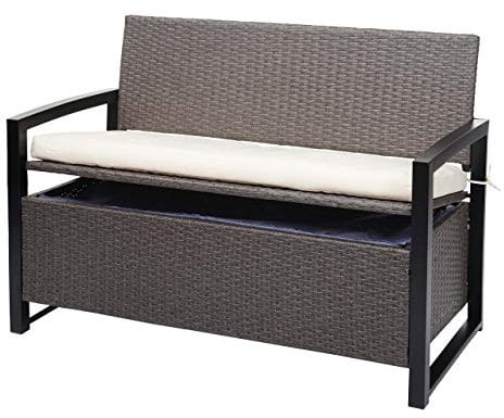 Mendler Poly-Rattan 2er Sitzbank HWC-F39AM, Gartenbank Truhenbank, Staufach Aufbewahrung Sitzkissen - grau-meliert, Kissen Creme