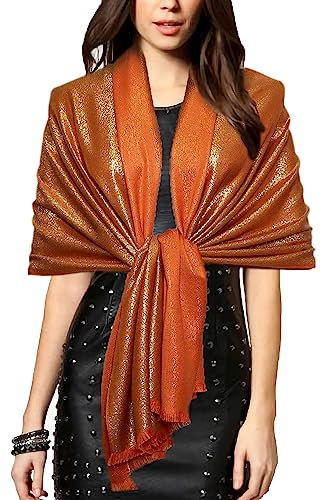 Gragengs Funken Metallic Pashmina Schals und Stola für Damen, Lange Party Tücher Einheitliche Farbe Zwei Töne,Orange/Gold