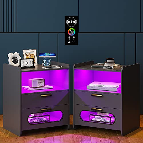 Lvifur 2er Nachttisch RGB Led Licht,Nachttisch mit Kabelloses Laden,Smart Nachtkommode Menschliche Sensorfunktion,Nachtschrank 20 Farblicht dimmbar mit 2 Schublade für Schlafzimmer