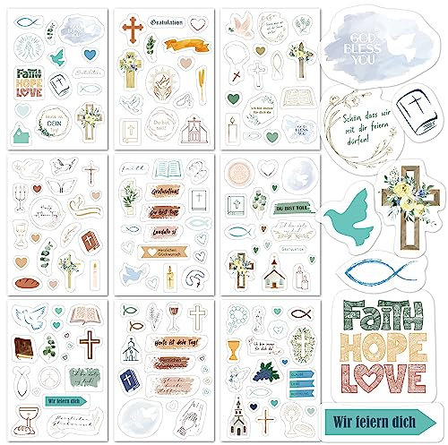 BIROYAL Sticker Set | Konfirmation Deko Aufkleber | 9 Bögen Sticker Konfirmation Kommunion Geschenk voller Liebe für Mädchen & Junge| Taufe Stickerbögen für Gästebuch Fotoalbum