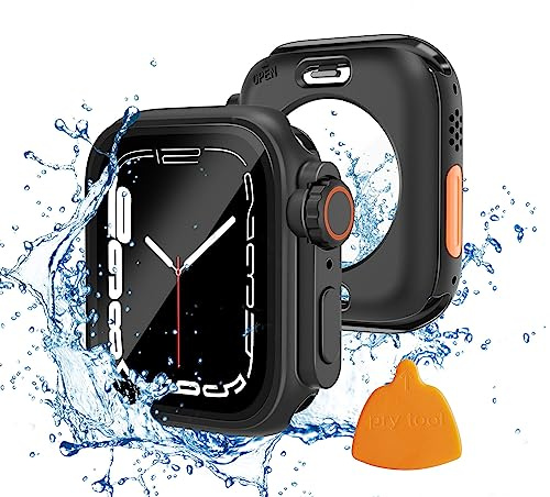 Yolovie 2 in 1 wasserdichte Hülle Kompatibel mit Apple Watch 45mm Displayschutz Serie 9/8/7【Apple Watch Ultra Style Gehäuse】 iWatch Glas Schutzhülle Hard PC Rundum Schutz Case Zubehör 45mm, Schwarz