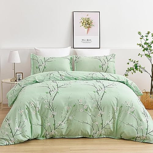 Freyamy Blumen Bettwäsche 135x200cm 2teilig Grün Salbeigrün Pflaumenblüten Zweig Bettwaren-Sets 100% Microfaser Weiche Bettwäsche Mädchen Bettbezug mit Reißverschluss und Kissenbezug 80x80cm