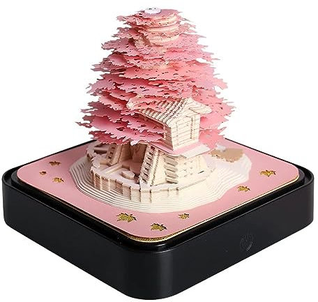 Schreibtisch Tischkalender 2024 mit Lichtern, 3D Memo Pad Papier Kunst Sakura Baum Kalender, Kreative Notizblock Papier Schnitzen 3D Kalender für Wohnkultur, Tischdeko, Kleine Geschenke (Rosa)