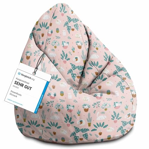 DreamRoots Sitzsack Kinder 80x80x120, Cat and Plants | Bean Bag Kinder mit Lehne, Hocker & Bezug, Sitzkissen Boden, Bubibag, mit Füllung, Kinderzimmer