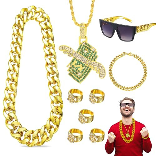 PIXESTT 9 Stück Zuhälter Kostüm Kit, 70er 80er 90er Jahre Outfit Herren für Fette Gangster Kette & Brille Gold Hip Hop Kostüm Kit, Dollar Zeichen Ring für Cosplay Fasching Thema Party.