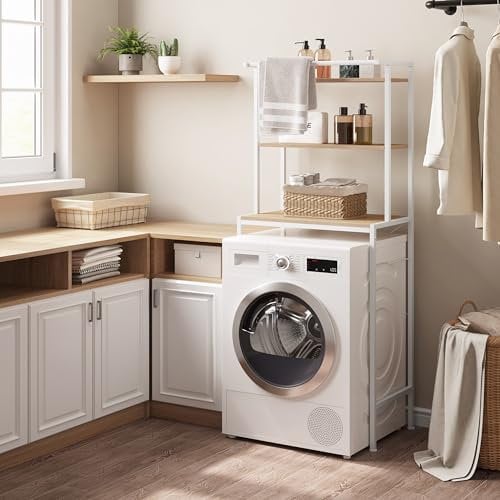 EUGAD Estanteria sobre Inodoro, con 3 Estantes, Estanteria Alta de Almacenaje Baño, Mueble sobre Lavadora con Barra de Colgar, Roble Claro+Blanco, 67x40x162 cm