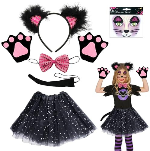 SHOWHEEL 7 Pezzi Gatto Cosplay Costume, Costume Gatto Bambina con Gonna Tutu, Orecchie da Gatto, Guanti Gatto, Coda di Gatto, Cerchietto Gatto, Bambini Animali Costume per Carnevale Halloween