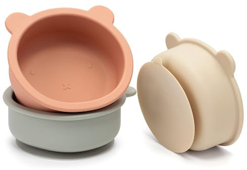 MOJINL Lot de 3 bols en silicone pour bébé avec ventouse - Antidérapants - Avec aspiration - Passent au micro-ondes - Pour bébé - Sans BPA - Pour enfants et tout-petits, TW-8497