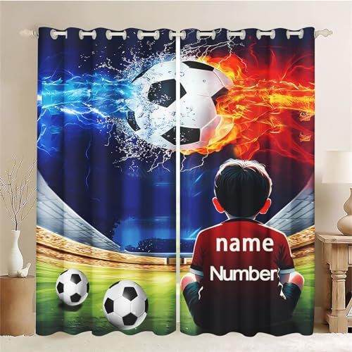 CHEFFS Fußball Vorhänge Blickdicht Verdunkelungsvorhänge Fußball Mit Ösen, Personalisierte Fußball Vorhang Gardinen Verdunklungsgardine 2er Set Für Jungen (1,150 x 166cm(2X75X166cm))