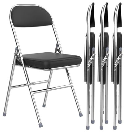 Chleby Juego de 4 Cómoda Silla Plegable Negro sillas Plegables de Cuero para Cocina con cojín Grueso, sillas de Comedor Plegables adecuadas para Cocina, Interior, Exterior, Sala de conferencias