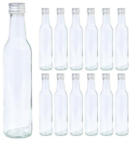 Vitrea 12 leere Glasflaschen 250ml Schraubverschluss Silber - kleine Flaschen zum Befüllen mit Deckel - für Saft, Getränke, Likör, Öl, Saucen - 12 Stück, PP28, Cool