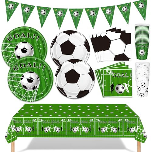 Soccer Party Decorations 98Pcs Soccer Birthday Party Decorations Suppiles Set Include Dinner Plates, Dessert Plates, Napkins, Cups, Banner and Tablecloth Soccer Theme Party Favors Kit