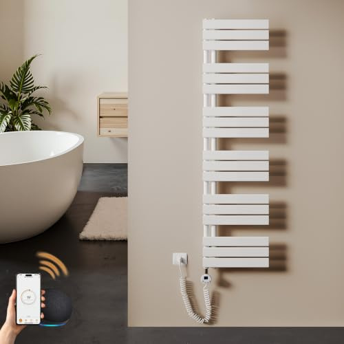 S'AFIELINA Smart WiFi Badheizkörper Elektrisch 1599×400 mm Weiß 800W | Handtuchheizkörper mit Thermostat, 7×24h Timer, LCD, Flachrohre, Handtuchhalterung