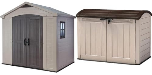 Keter Factor 8 x 6 ft Outdoor Storage Shed, Beige/Brown & Store It Out Ultra Outdoor Garden Storage Shed, 177 x 113 x 134 cm - Beige and Brown