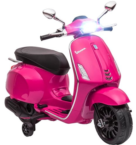 AIYAPLAY Vespa Licensed 12V Kids Electric Motorbike, Kids Ride on Motorcycle with Music, Headlight, MP3, FM Radio, Two Training Wheels, for 3-6 Years - Pink