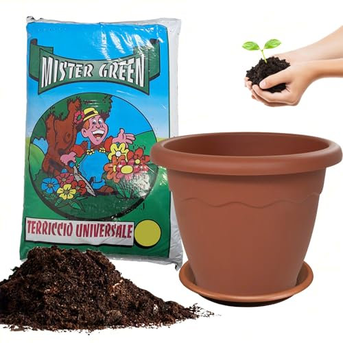 Sicignano | Vaso Vulcano Tondo 35 cm per Fiori Piante con Sottovaso 13,5 Litri, Plastica Color Terracotta, con Terriccio 20 Litri, con Fori di Drenaggio, Resistente agli UV, Made in Italy