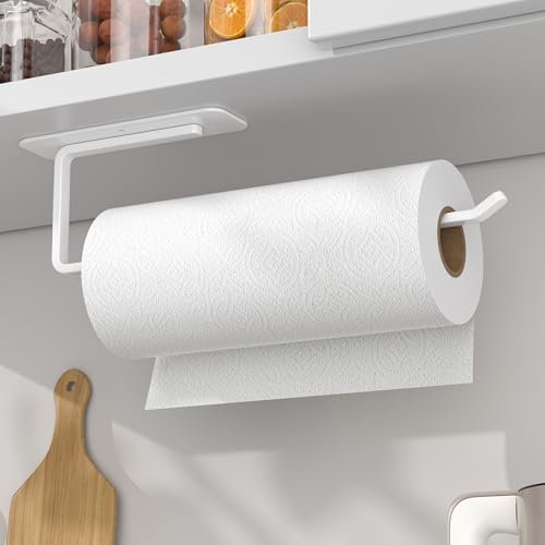Paper Towel Holder Under Cabinet - Self-Adhesive or Drilling - White Upgraded Aluminum Paper Towel Rack - Paper Towel Holder Wall Mount - Suitable for Kitchen, Bathroom