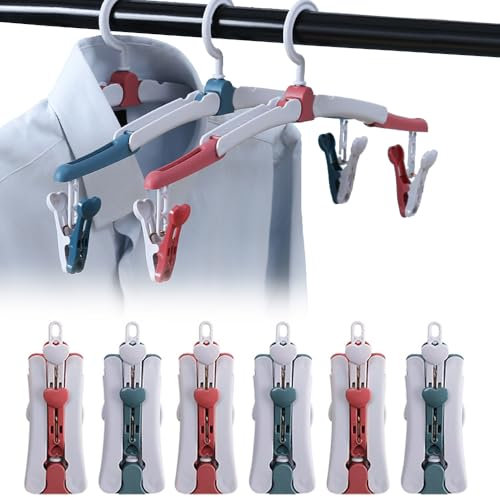 Faltbar Reise Kleiderbügel, 8 Stück Tragbare Wäscheständer mit Clip, Faltbare Kleiderbügel 360 Grad Drehbares Reisekleiderbügel rutschfeste für Zuhause Hotel Reisen Camping Rot Blau