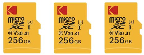 KODAK Pack de 3 Cartes Mémoire Micro SD - 256GB, Classe 10, Haute Performance, avec Adaptateur